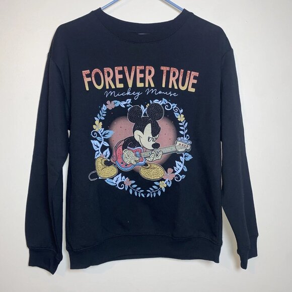 NWT Disney Mickey Mouse Forever True Black Womens Sweatshirt Small Rhinestone - Picture 1 of 7